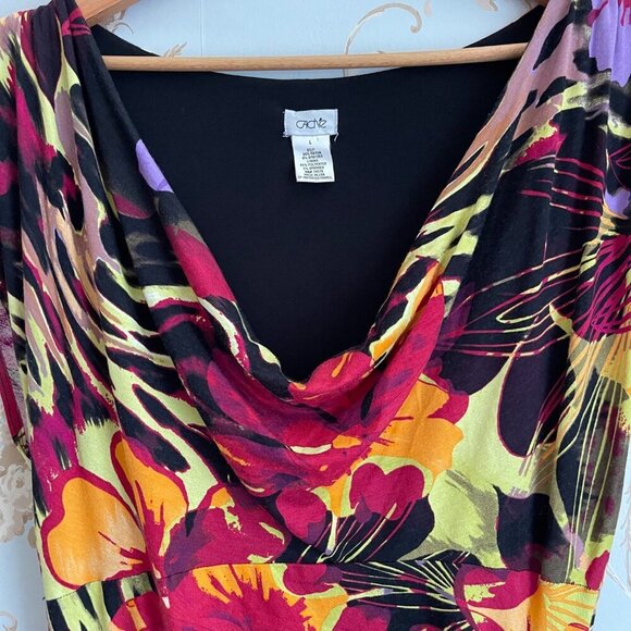 Y2K Cache Women Floral Cowl Neck Dress L Tropical Jungle Print Bodycon Vacation - Picture 4 of 6